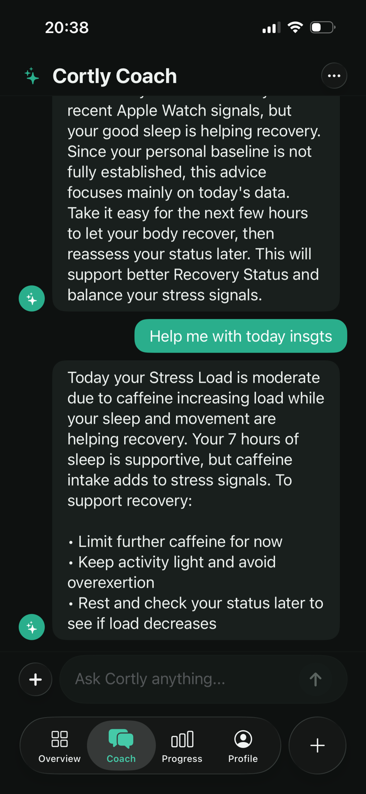 Cortly Coach explaining Stress Load and practical recovery actions